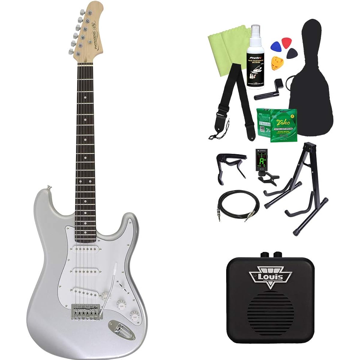 Photogenic ST-180 SV Electric Guitar Beginner 14-piece Set [With Mini Amplifier] Stratocaster Type Silver Photogenic