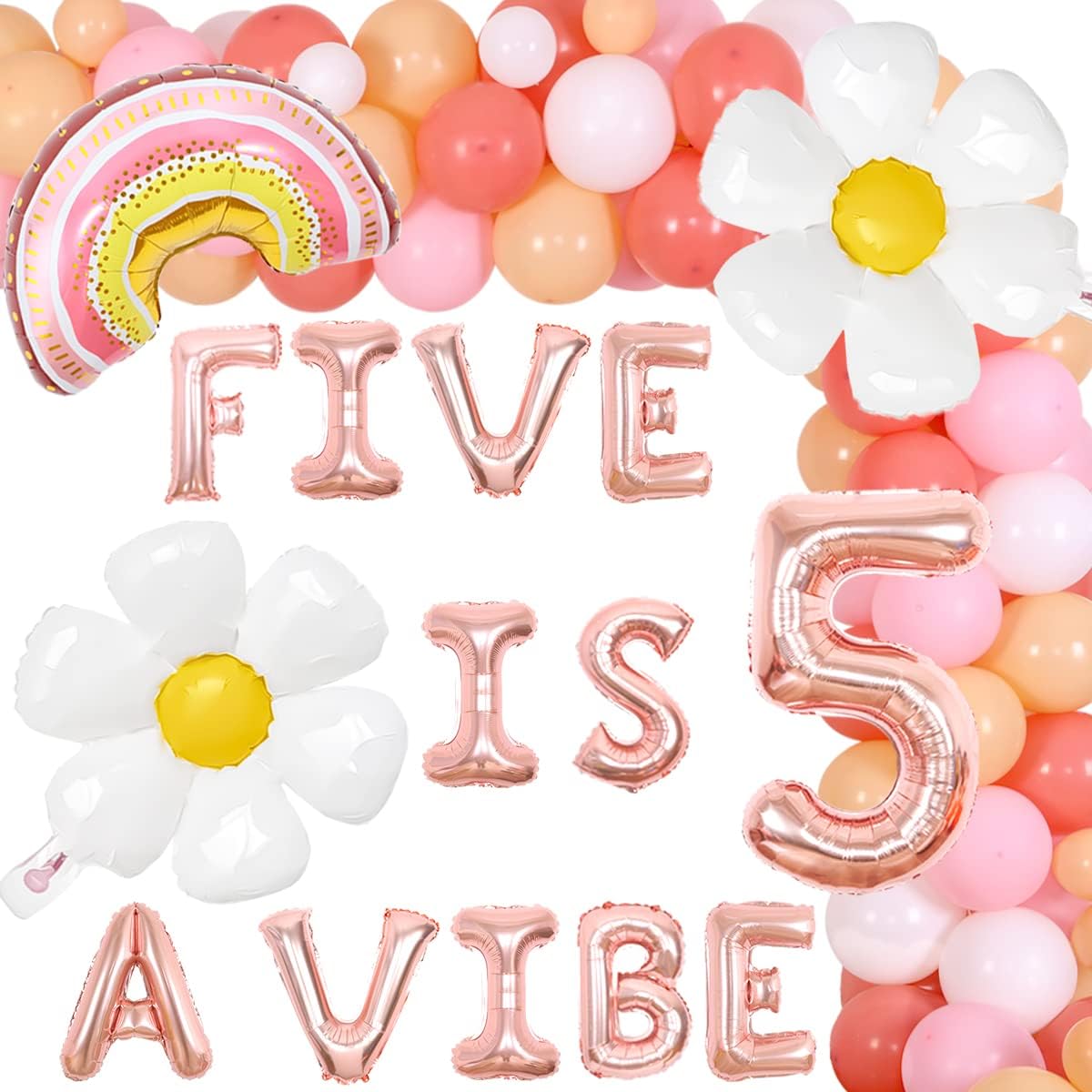 Five is a Vibe Groovy 5th Birthday Party Decorations - Rose Gold Balloon Banner Boho Balloon Garland Arch Daisy Rainbow Number 5 Foil Balloon for Girls Hippie Retro Disco Groovy 5th Birthday