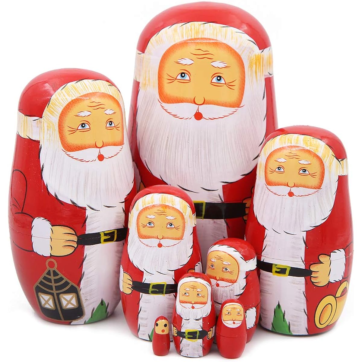 Set of 8 Cute Santa Claus White Beard and Black Belt Nesting Dolls Wooden Craft Matryoshka Russian Dolls for Kids Stacking Toys Children Christmas Birthday Gift Home Decoration