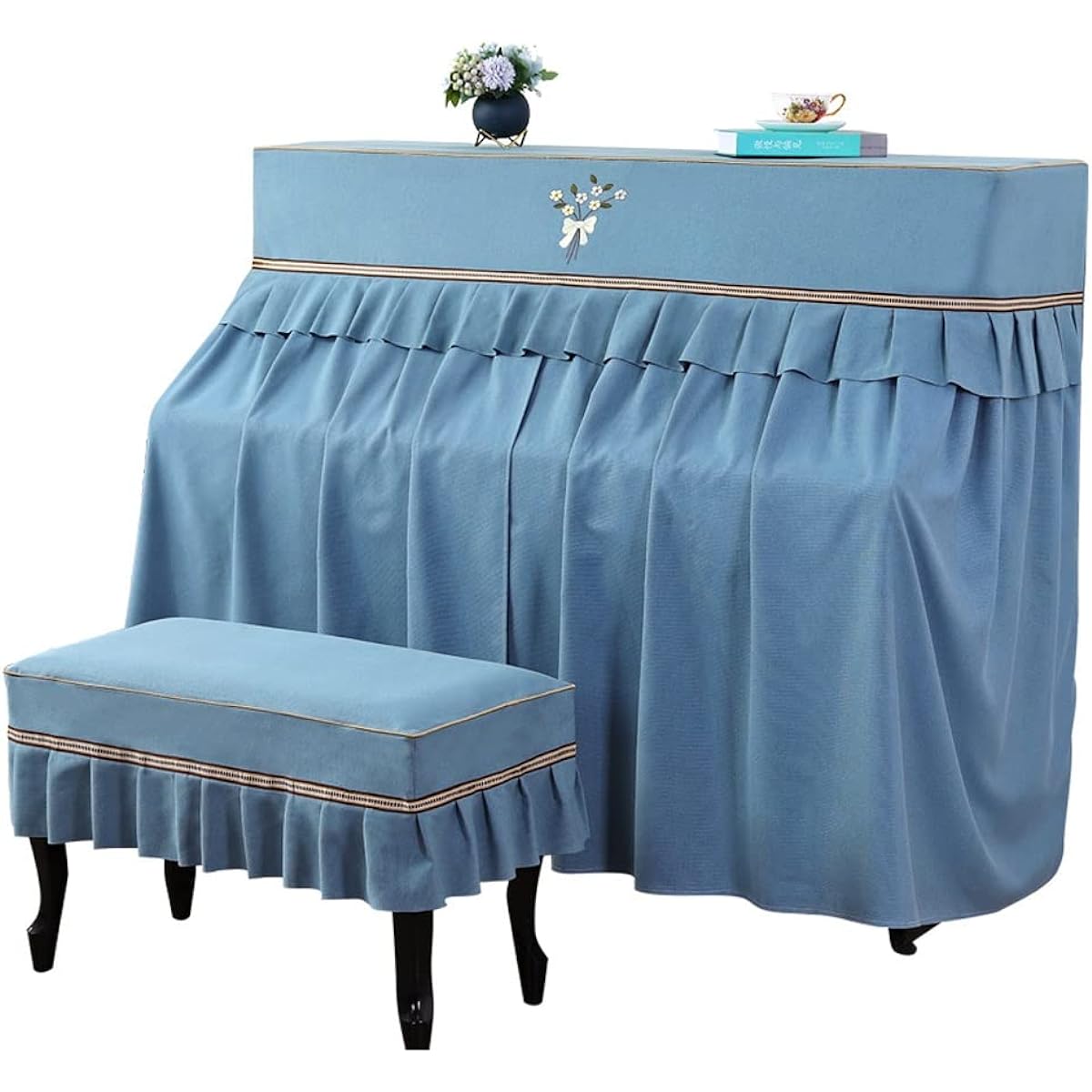 Blue Full Piano Cover, European Style Vertical Piano Dust Cover Piano Stool Cover Decorative Fabric Vertical Piano Universal Piano Length 148~153cm Universal (Size : Stool Cover 78*38cm)