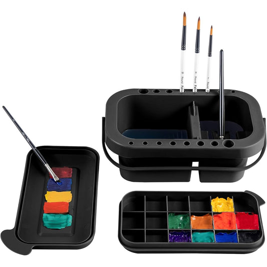 Falling in Art Paint Brush Basin, 16 Hole Paint Brush Holder and Organizer, Paint Brush Cleaner, 18 Well Palette for Watercolor, Acrylic, Water-Based Paints, Black