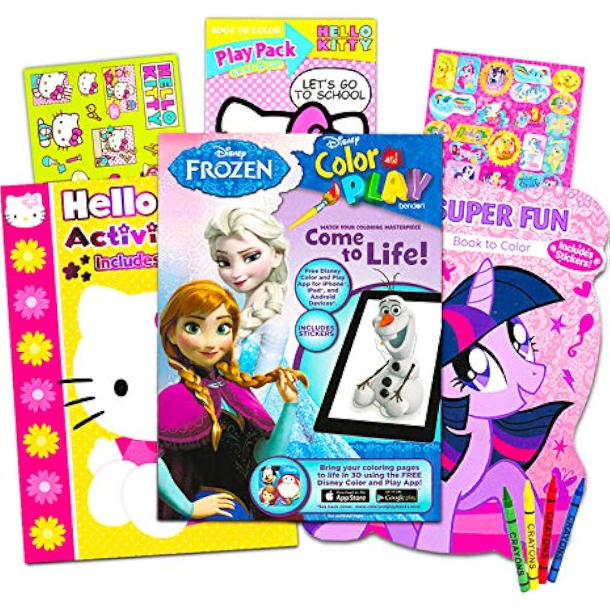 Colouring Books with Stickers Assortment Hello Kitty Colouring Book, My Little Pony Colouring Book, Disney Frozen Colouring Book (Set of 3)