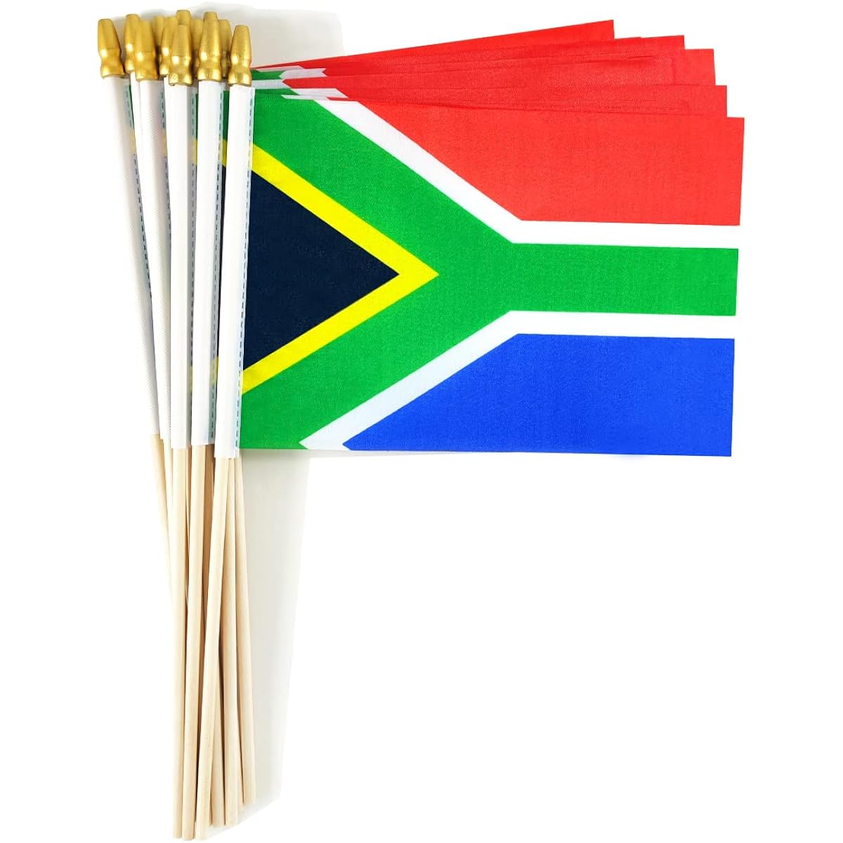 QQSD South Africa Small National Flag South Africa Stick Mini Handheld Flag - Solid Wooden Pole with Spear Top (12 Pack)