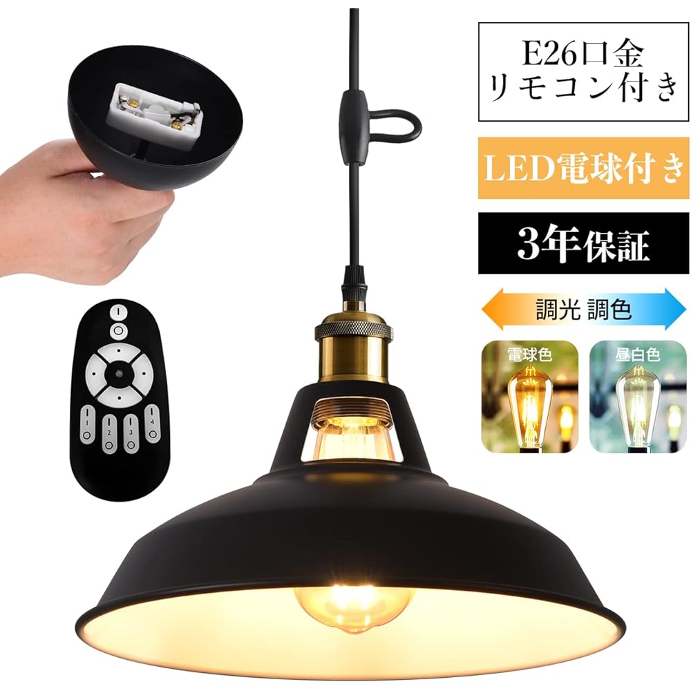 LVWIT Pendant Light E26 Base, 10.6 inch (27 cm) Diameter, Antique Retro LED Bulb, Dimmable Color Edison Bulb, 6W Power Consumption, Remote Control, Cord Included, 23.6 inches (60 cm), Adjustable