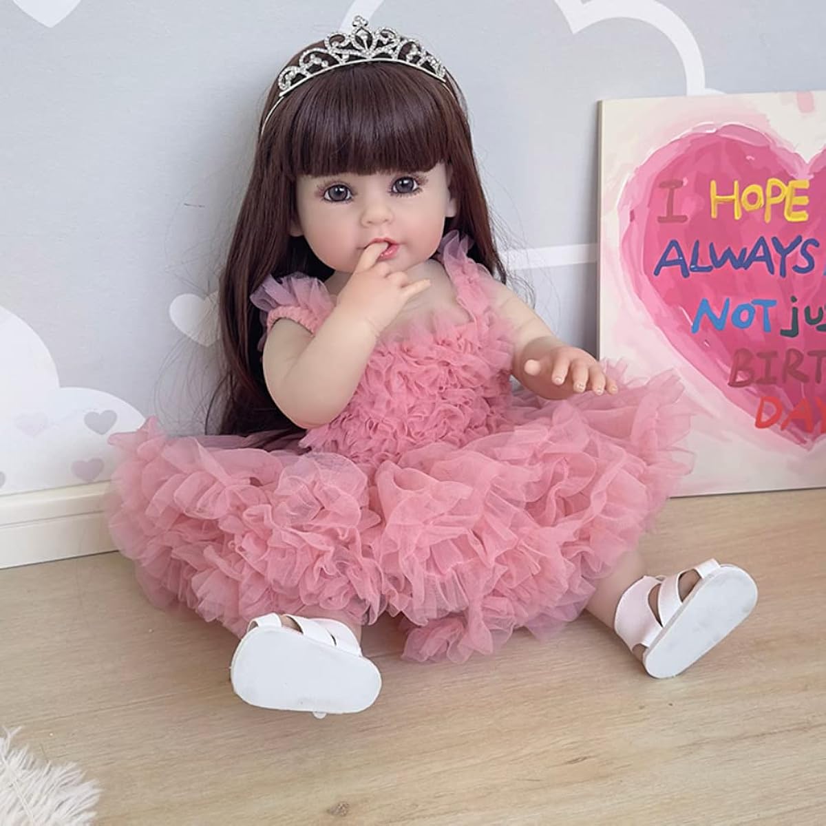 LONIAN Reborn 22" 55cm Full Body Silicone Reborn Princess Toddler Girl Doll with Hand Detailing and Painted Rooted Hair (Blue Eyes, Pink)