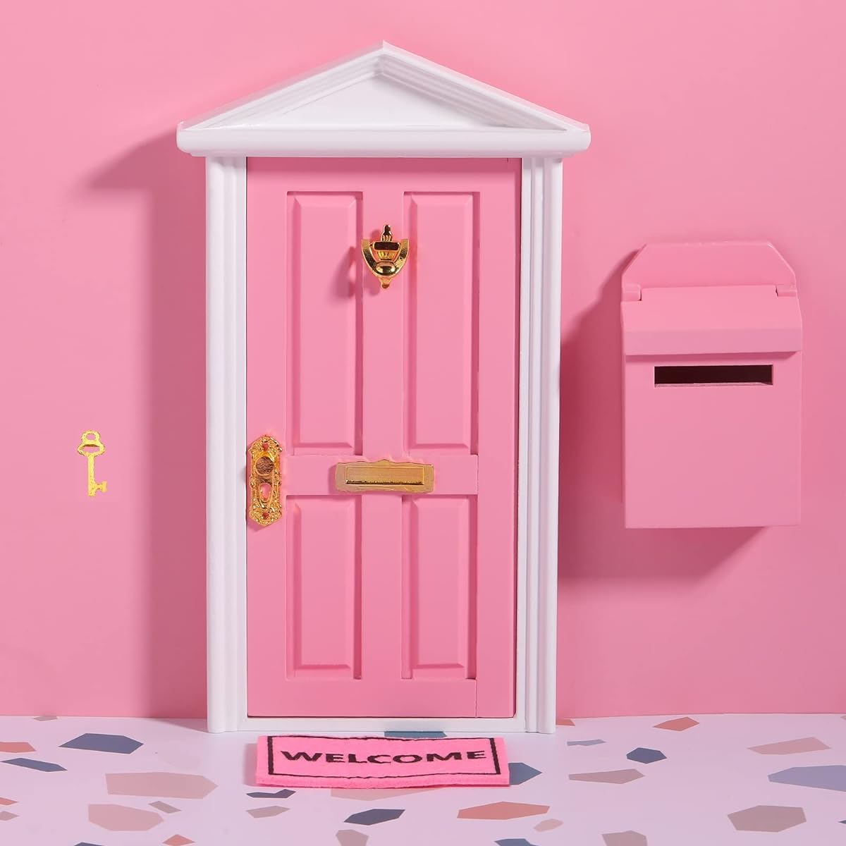 Fairy Door Mini Mailbox for Kids Pink Wooden Dollhouse Door Mini Welcome Mat Opening Fairy Door Pretend Play Set Mini Wooden Dollhouse Miniature Door with Gold Key Elf Furniture DIY Accessories