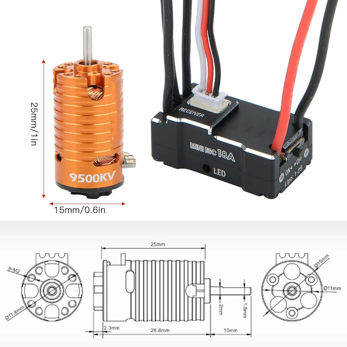 RC Brushless Motor ESC, 1410 Brushless Motor Premium Copper Durable Stable Large Torsion High Conversion for 1/24 1/28 RC Car (Orange 9500KV)