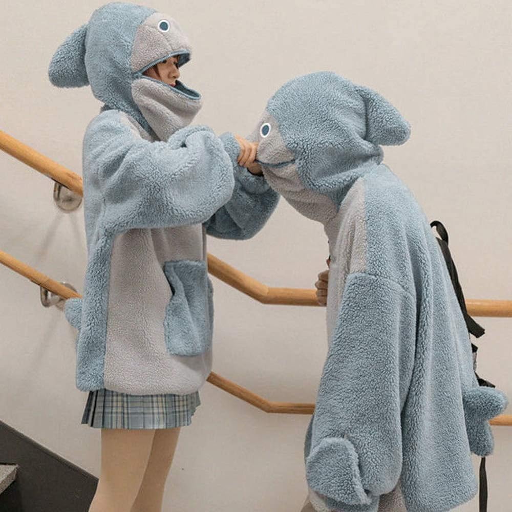[Minesam] Women's Shark Hoodie, Hooded, Shark Pattern, Boa Sweatshirt, Fluffy, Fleece Lined, Pullover Top, Matching Look, Loungewear, Loose