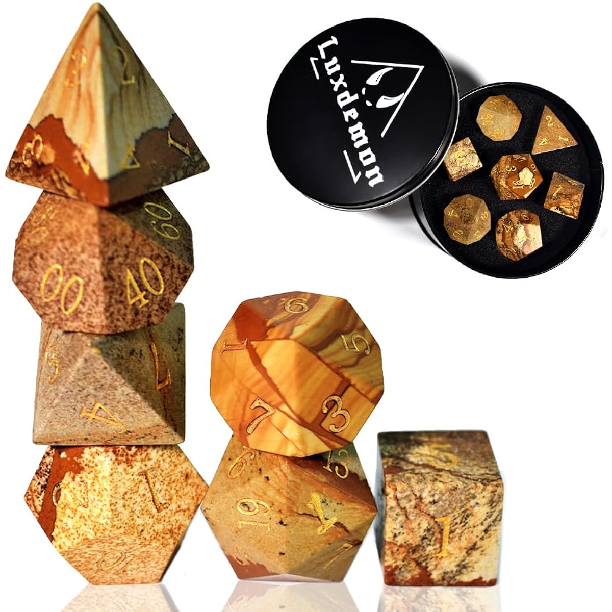 Luxdemon Picture Stone DND Dice Set, Genuine Gemstone Dice, Polyhedral Dice Set for Dungeons and Dragons, MTG Game with Gift