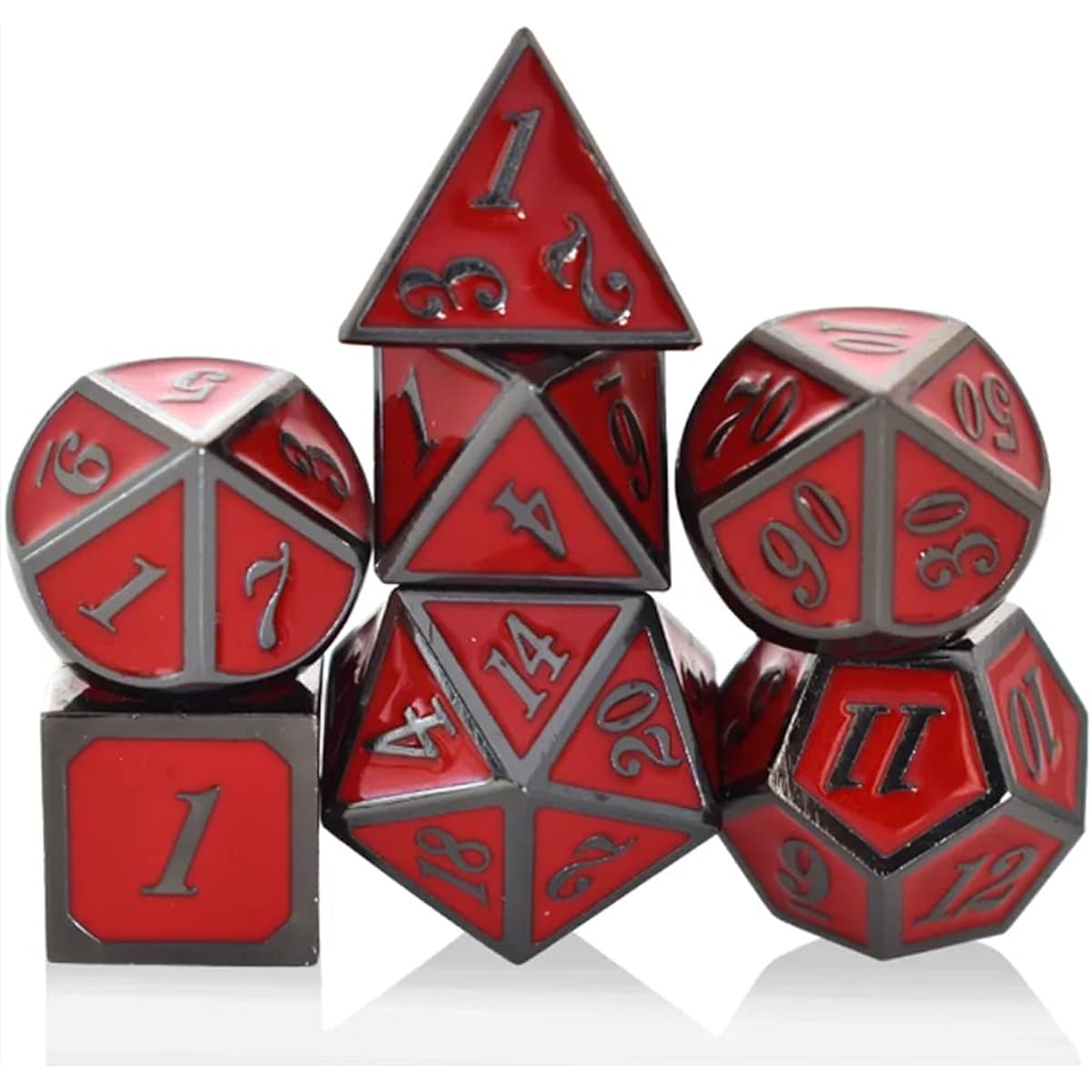 RULE DICE DND Metal Dice Set, 7 Pieces D&D Polyhedral Dice Set with Metal Dice Gift Box for DND Dungeons & Dragons & Role Playing Multiplayer Games (Red/Plated Black)