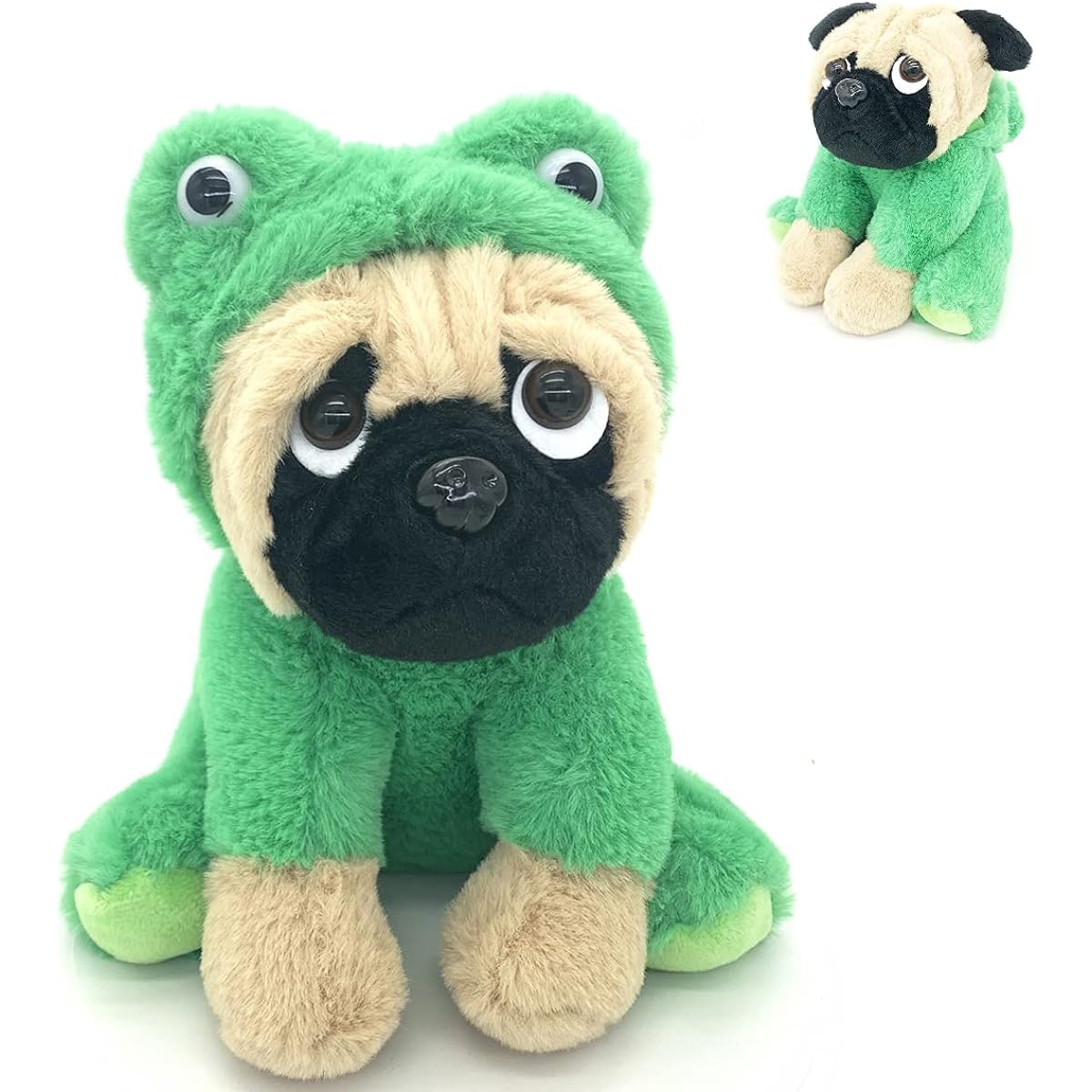 Pug Stuffed Animal Plush Toy Dressed as Frog Pug Dog Soft Toy Green Costume Cloth Cute Fluffy Frog Stuffed Animal Puppy Kids Christmas Nursery Decoration Party Supplier