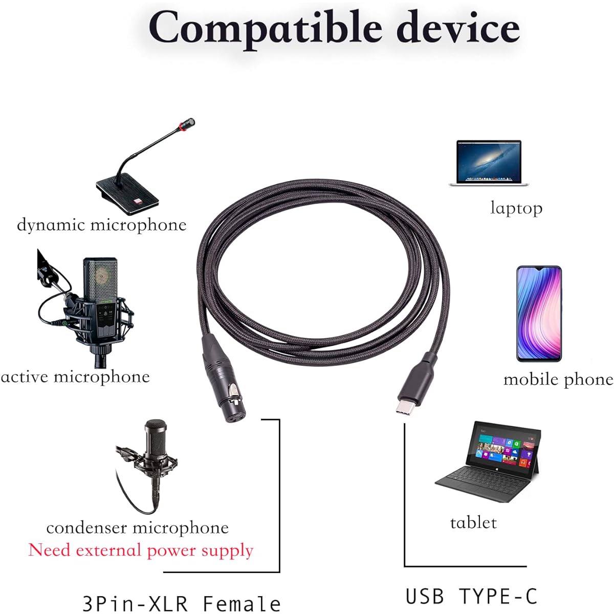 HUALEU 12ft XLR to USB C to XLR Female Microphone Cable