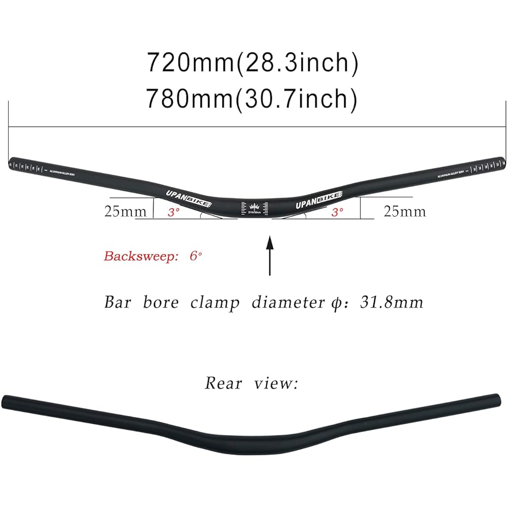 UPANBIKE 31.8mm MTB Handlebar Mountain Bike Bicycle Extra Long Handlebar 780mm Riser Bar (780mm, Black)