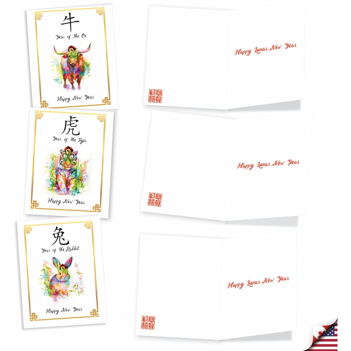 The Best Card Company Lunar New Year Note Cards Box Set, Set of 12 4 x 5.12 Inch with Envelopes (1 of 12 Designs), Chinese Zodiac AM10974LNG-B1x12