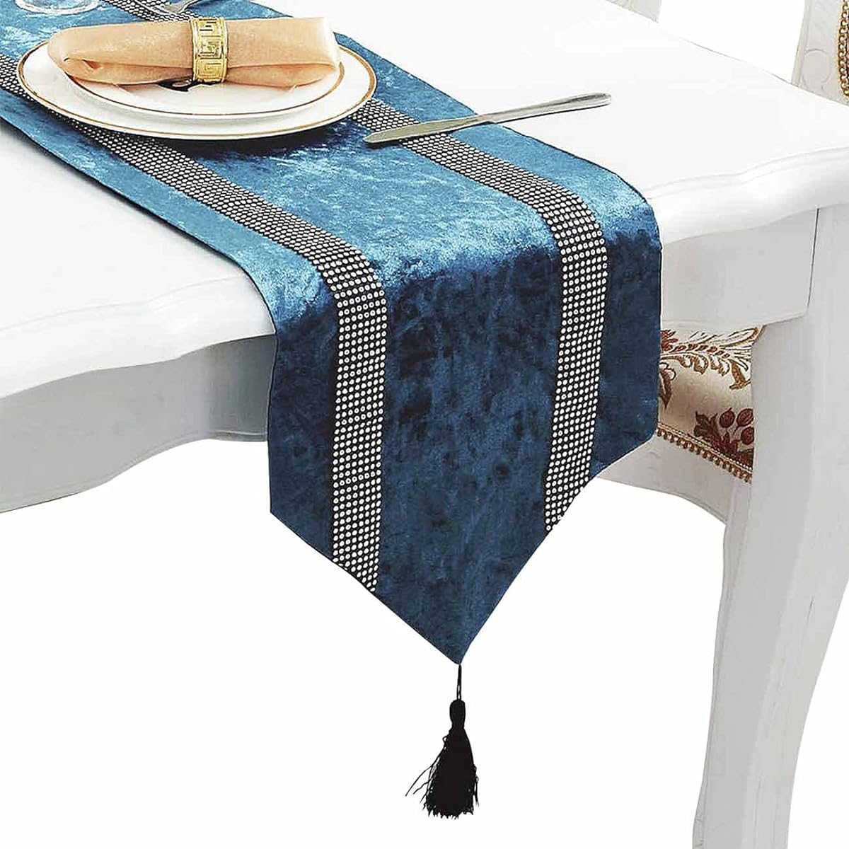 Jiino Light Blue Runner Dining Table Dresser Runner Diamante Strip and Tassel Runner 13 x 72 Inch for Home Kitchen Party Wedding Decoration