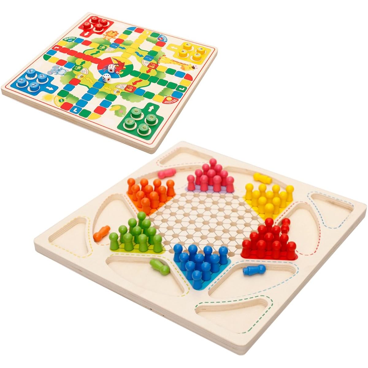 Drizzle Chinese Checkers & Flying Chess 2 in 1 Natural Wooden Board Family Game for Adults and Kids