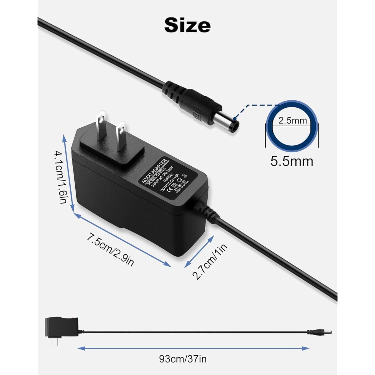 DC Power Supply 5V 2A 2000mA 10W AC Adapter 100-240V AC to DC 5 Volt 2 Amp Power Adapter 5.5mm X 2.5mm with US Plug for LED Strip Light VoIP Android TV Box etc.