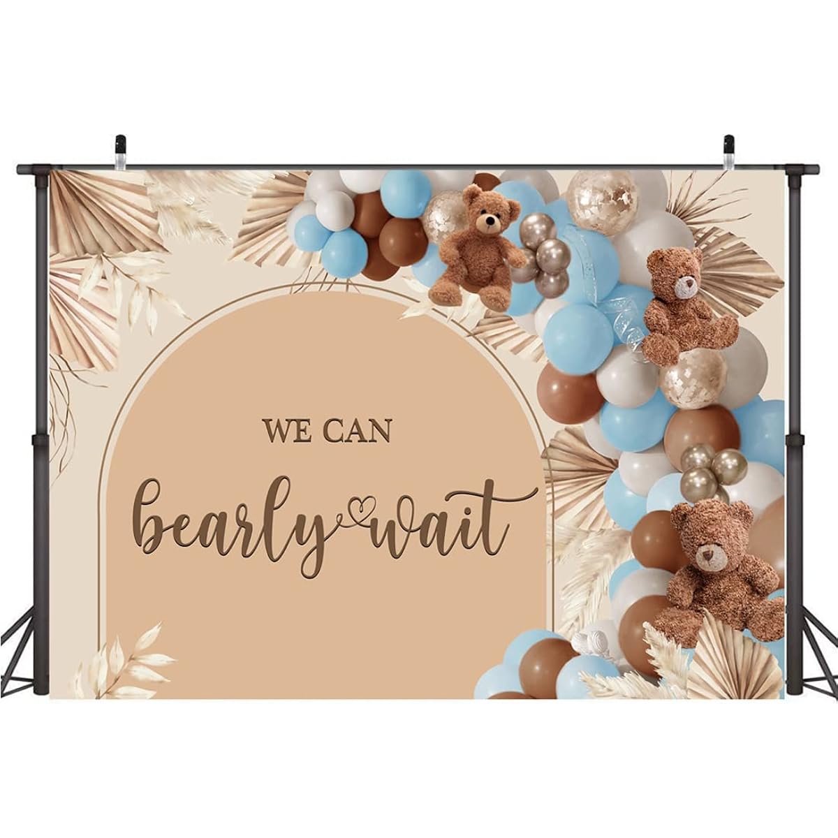 Lofaris Blue and Brown Bear Baby Shower Backdrop We Can Bearly Wait Balloon Boho Leaves Backdrop Party Cake Table Decoration Photo Booth Props 7x5ft