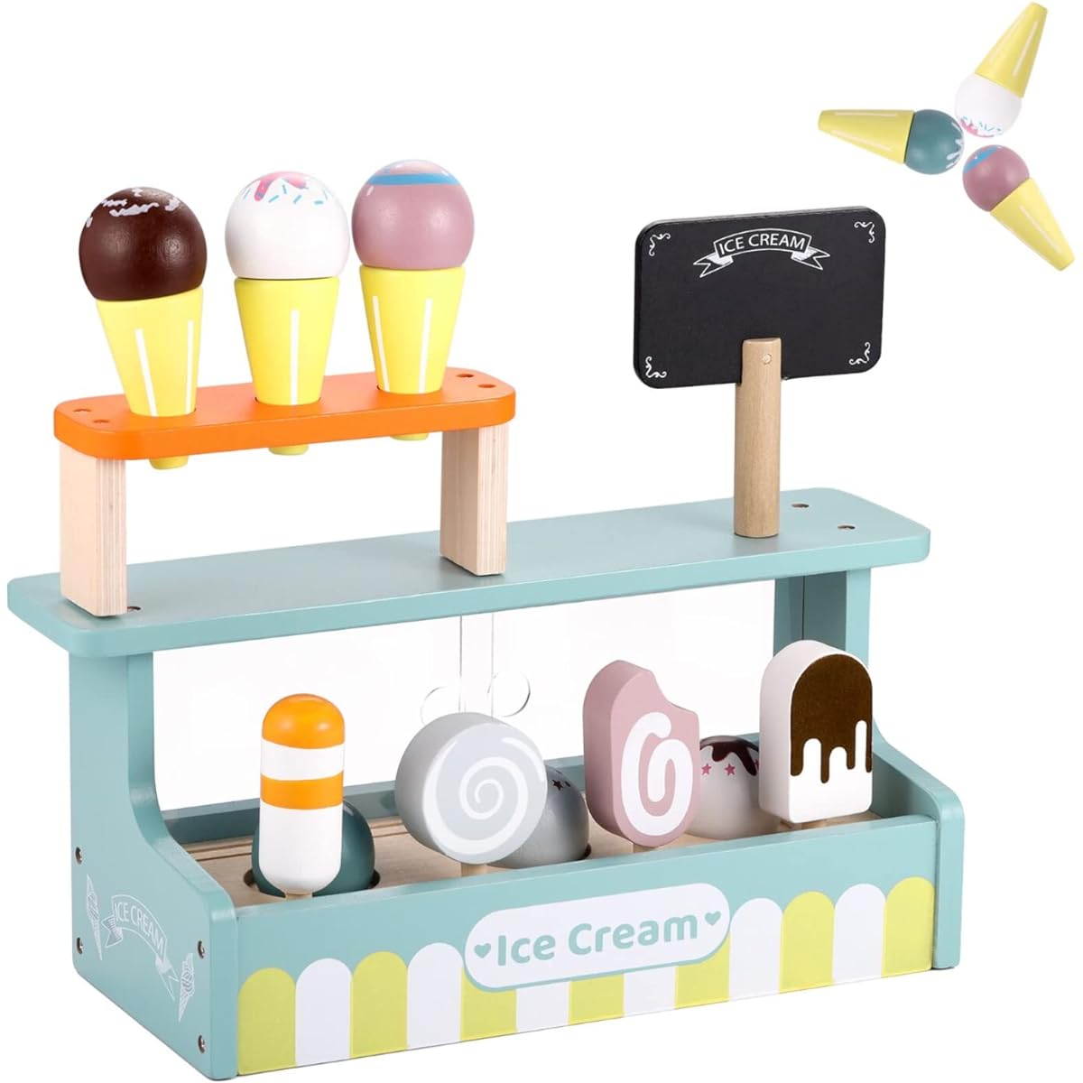 GAGAKU Wooden Ice Cream Set, Wooden Ice Cream Toy, Ice Cream Playset for Kids, 10 Pieces, Ice Cream Toys for Toddlers, Girls, Boys
