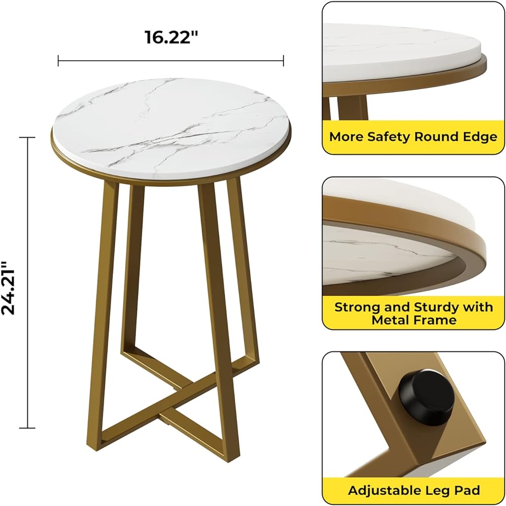 MONCOT Side Table Round Sofa Side Bedside Table Storage Table Cafe Table Small Wooden Top Metal Frame Easy Assembly Stylish Luxury Marble Pattern ET9522-WH