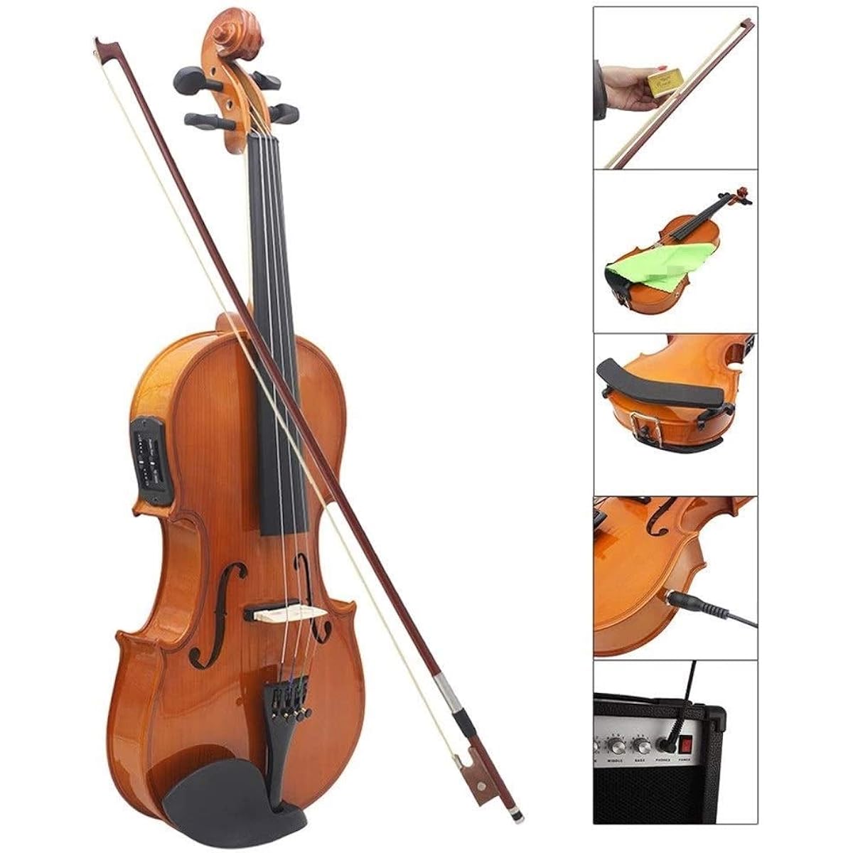 Violin 4/4 Full Size Natural Acoustic EQ Violin Fiddle Solid Wood Spruce Faceboard 6.35mm 1/4" with Connector Wire Shoulder