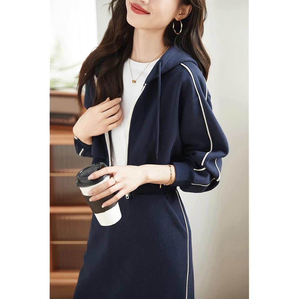 [Sayla] Parka, Long Skirt, Top and Bottom 2 Piece Set, Women's Setup, Autumn, Winter, Spring, Medium Length, Slit Skirt, Elastic Waist Sweatshirt, Beautiful, Stylish, Adults, Casual