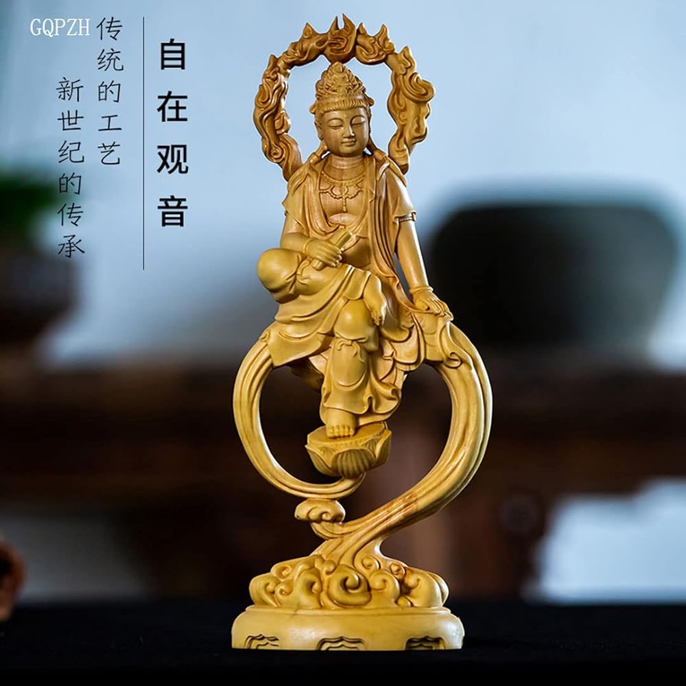 Wood Carving Buddha Statue Kannon Bodhisattva Buddhist Altar Buddha Statue Pray Warm Off Good Quality Natural Boxwood Wood Carving (Height 17cm x Width 7.5cm x Depth 4.5cm) (Guanyin Bodhisattva Seated Statue - Boxwood)