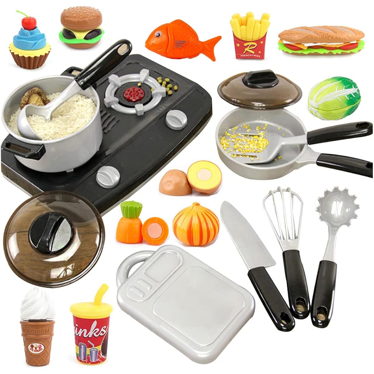 OMGOD Kitchen Playset 35 Pieces Playhouse Toy Breakfast Stove Pots Cookware Frying Pans Cooking Pretend Cooking Play Kitchen Set Playset for Kids Girls Boys Toddlers L315-P
