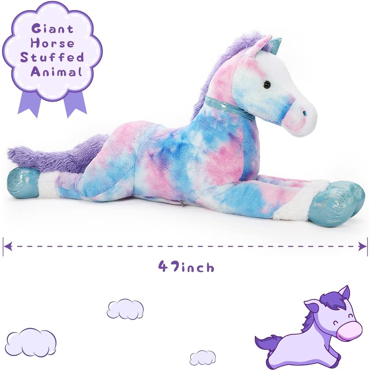 Tezituor 4ft Giant Stuffed Horse Plush Toy, Large Pony Plush Toy, 47 Inch Blue Soft Horse Plush Toy, Gift for Kids Girlfriend