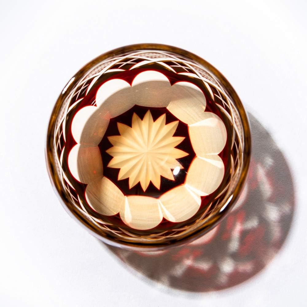 [Taimuro Kobo Official] Edo Kiriko Yotsuba with Yarai Uoko crest pair of drinking glasses (Amber red, Amber Ruri) TB94400ARB in wooden box Made in Japan