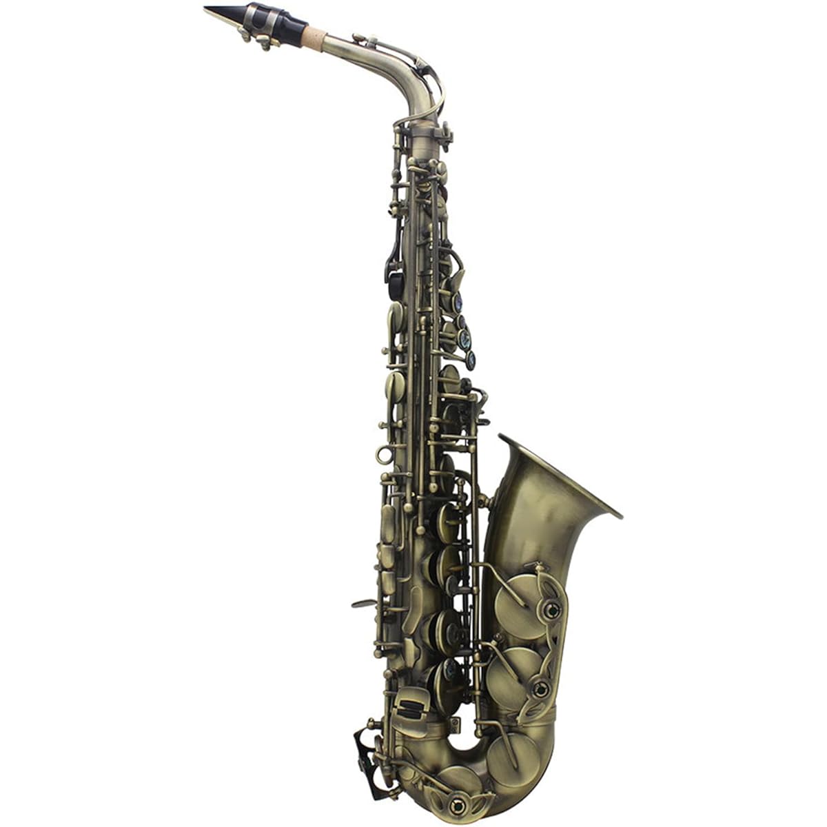 BUZHI High Grade Antique Finish Bend EB E Flat Alto Saxophone Saxophone with Abalone Shell Key Knurled Pattern Case Gloves Cleaning Cloth Strap Brush