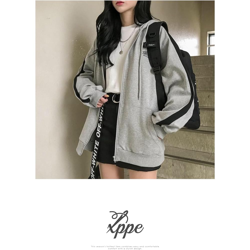 [xppe] Women's Parka, Zip-up, Outerwear, Logo, Side Line, Long Sleeve, Hooded, With Pocket, Large, Slimming, Body Coverage, Cute, Adults, Loose, Stylish, Casual, Fashion, Office, Commuting, Date, Daily Warm, Cold Protection, Tops, Spring, Autumn, Winter