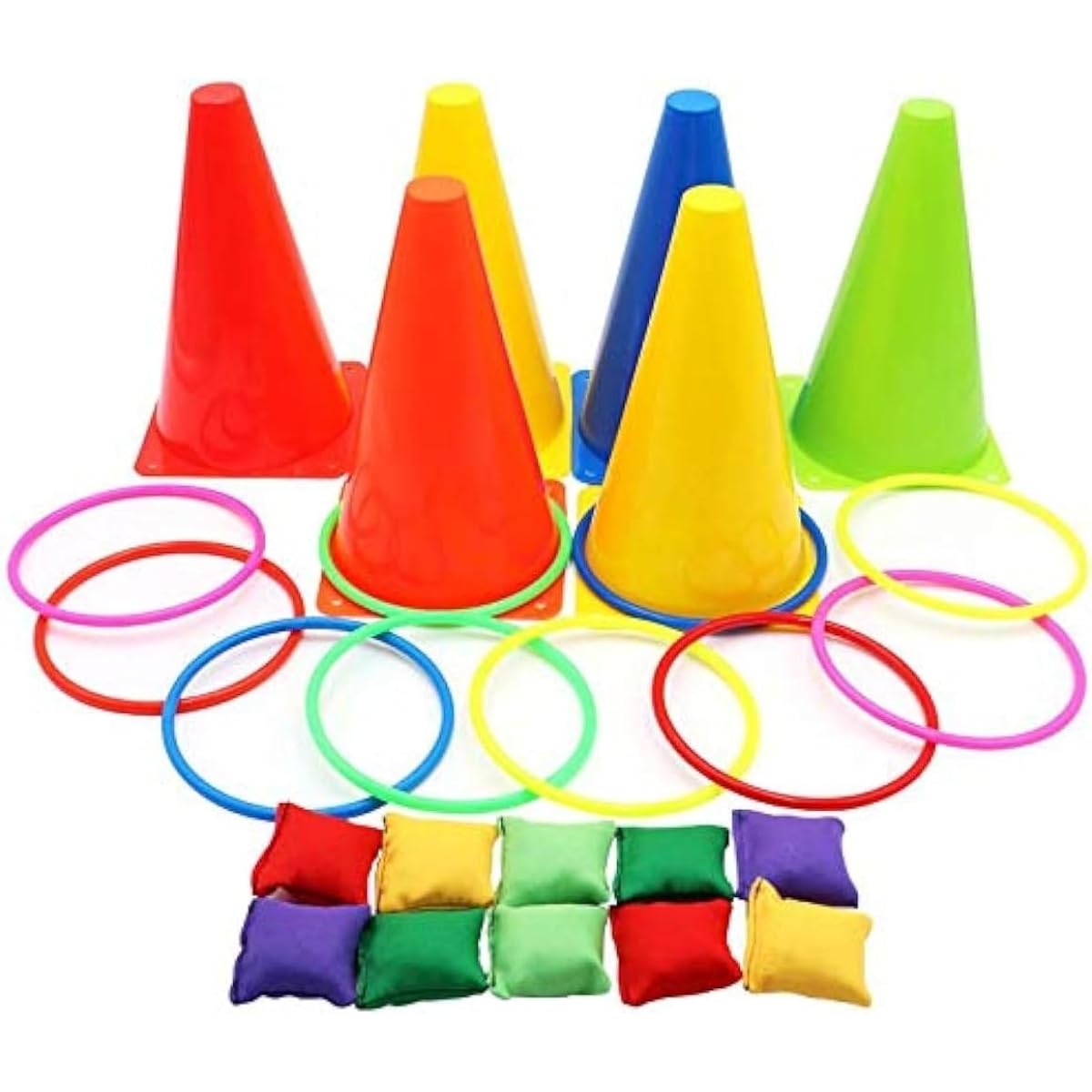 Aizhuang 3 in 1 Ring Toss Game Carnival Combo Set Soft Traffic Cone Bean Bags with Plastic Multicolor Throwing Circle Activity Rings for Kids Outdoor Indoor Speed and Agility Practise Games
