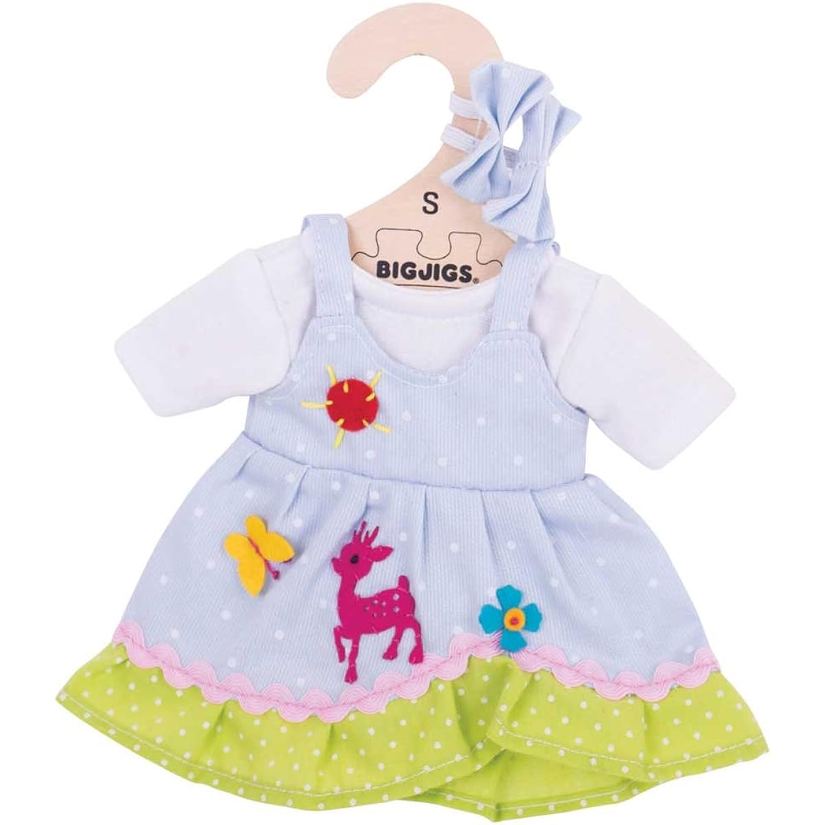 Bigjigs Toys Blue Spotted Rag Doll Dress for 28cm Soft Doll with Additional Matching Hair Accessories
