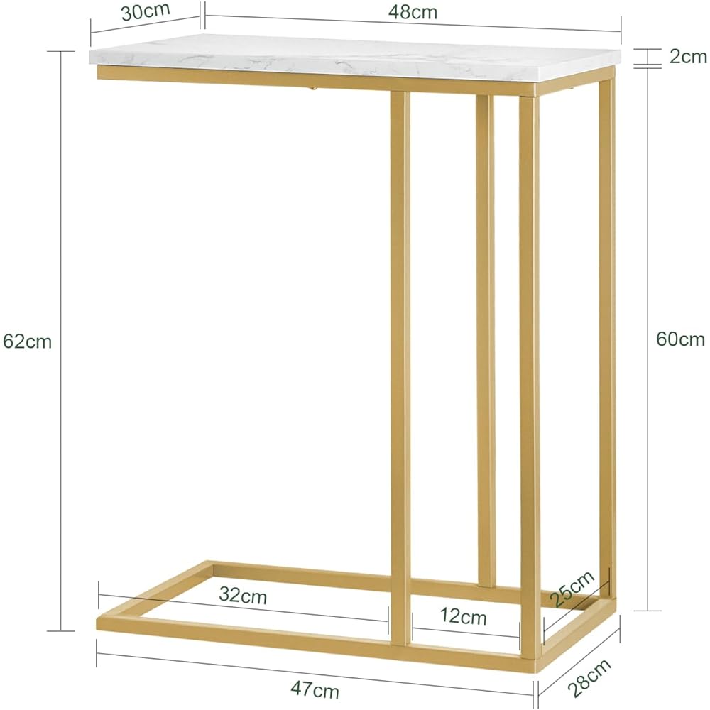 SoBuy Side Table, Stylish Night Table, Bedside Table, Slim, Marble Style, Width 48 x Depth 30 x Height 60 cm, Metal Color, U-shaped Mini Table, Working from Home, Living Alone, Computer Desk (FBT87-G/Gold)