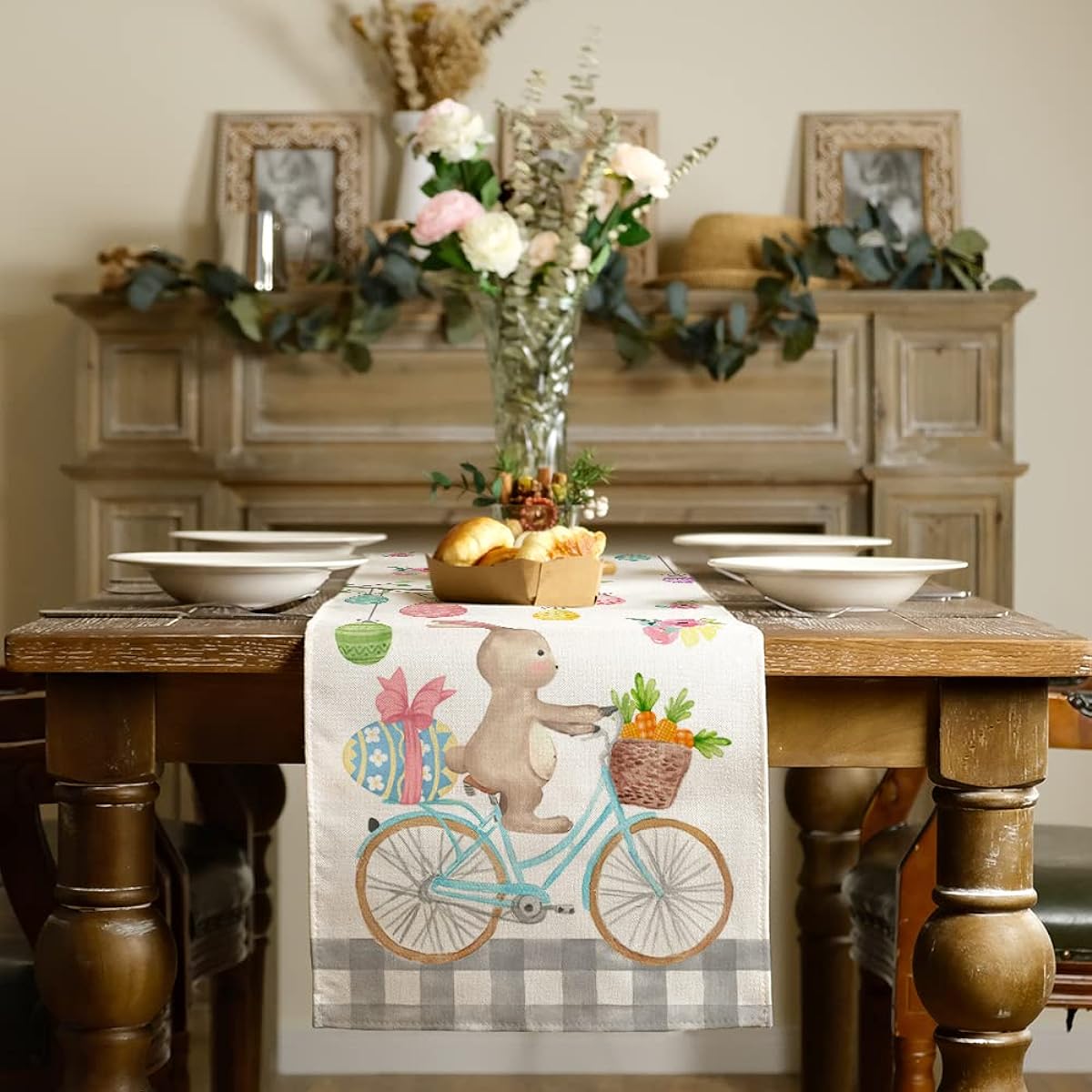 ARKENY Easter Egg Table Runner 72" Rabbit Bike Coffee Home Dining Indoor Seasonal Spring Holiday Farmhouse Tabletop Decor AT377