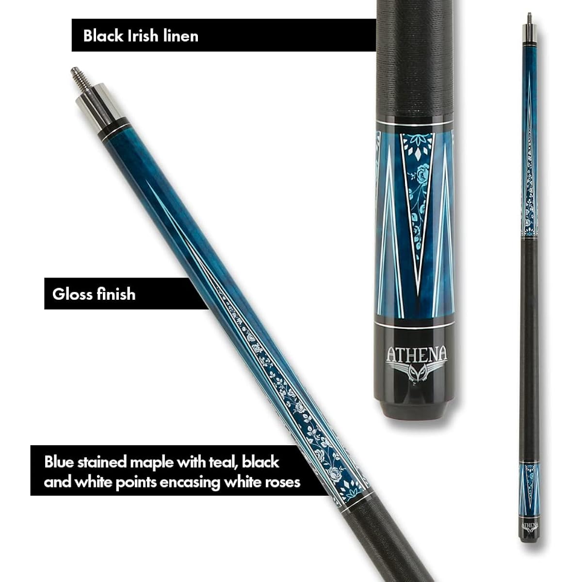 Athena Blue w/White Rose - ATH49 Pool Cue