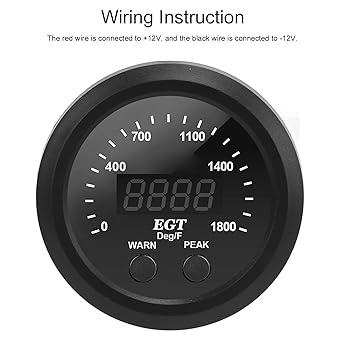 EGT Gauge Kit Automotive Exhaust Gas Thermometer 2‑1/16in 52mm Ultra Thin 0‑1800℉ Red LED Universal EGT Gauge with Sensor