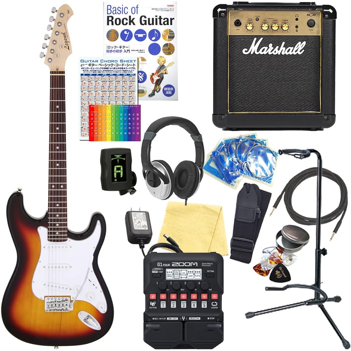 Electric guitar beginner set, Stratocaster type, 18-piece set with Marshall amp, Legend LST-Z 3TS [ZOOM G1Four multi-effector included]