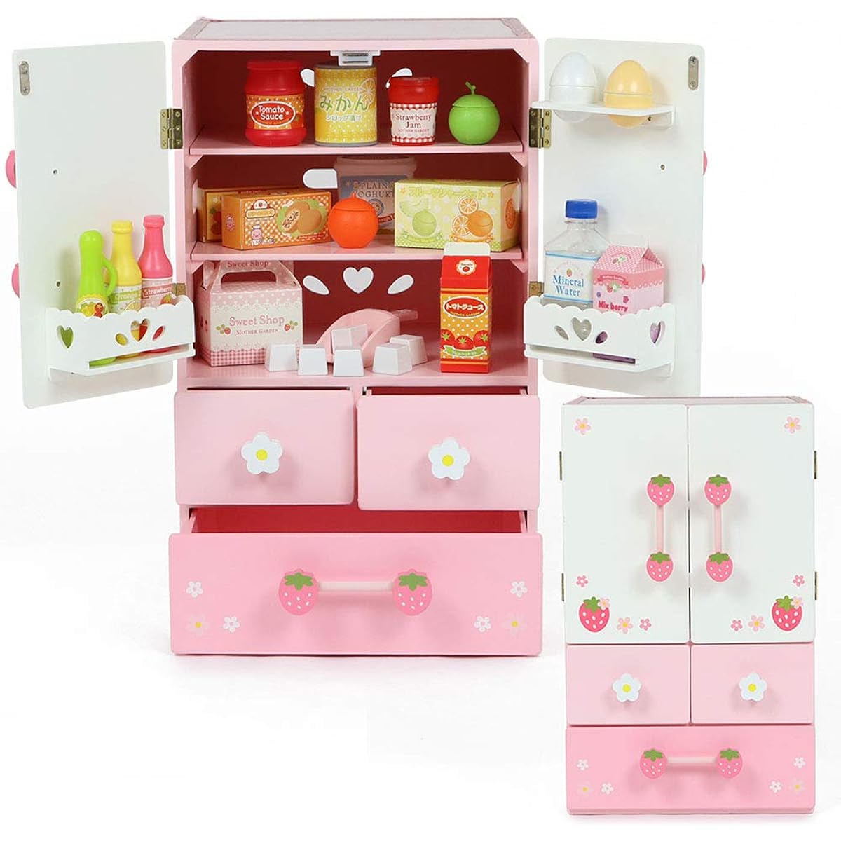 Mother Garden Wooden Toys, Wooden Pretend Play Set, Wild Strawberry, Deluxe, Refrigerator, 17 Accessories, Pretend Play, 441-21876