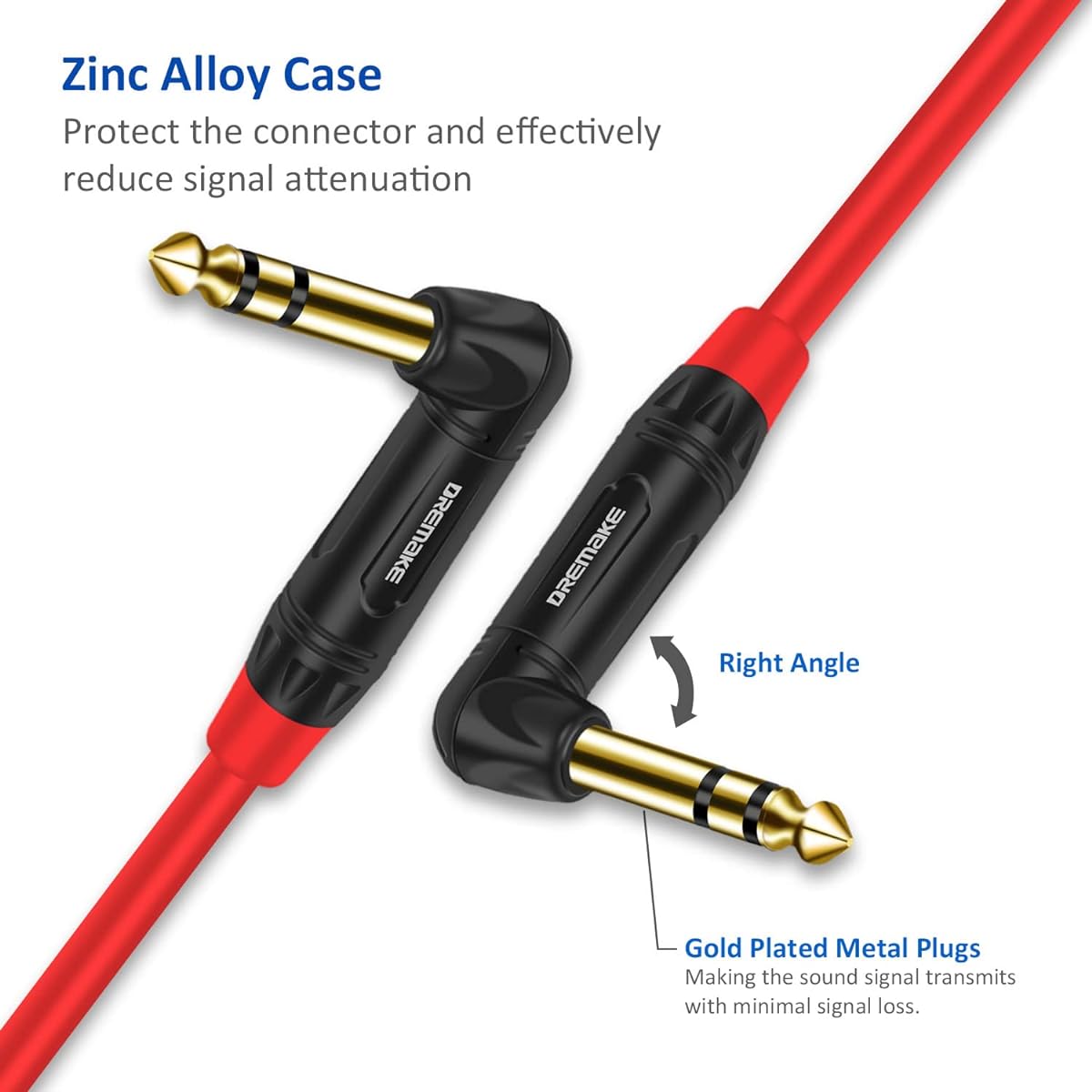 DREMAKE Right Angle TRS 6.35mm Stereo Audio Cable 6ft 2 Pack 6.35mm Balanced Guitar Amplifier Cord TRS 1/4" Male to Male Interconnect Cord for Mixer Speaker Equalizer Quarter Inch L-Shape Plug
