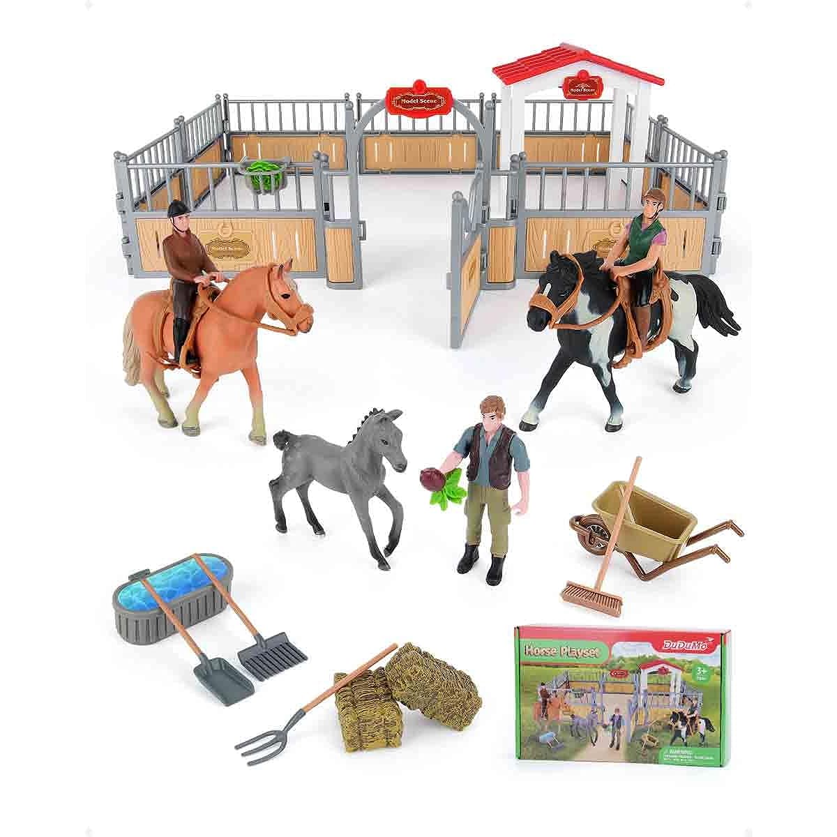 DuDuMo Horse Stable Playset, 2 Riders and 3 Horses, Horse Toys, Horse Toy Gifts for Girls and Boys, Farm Animal Toys, 3 4 5 6 7 8