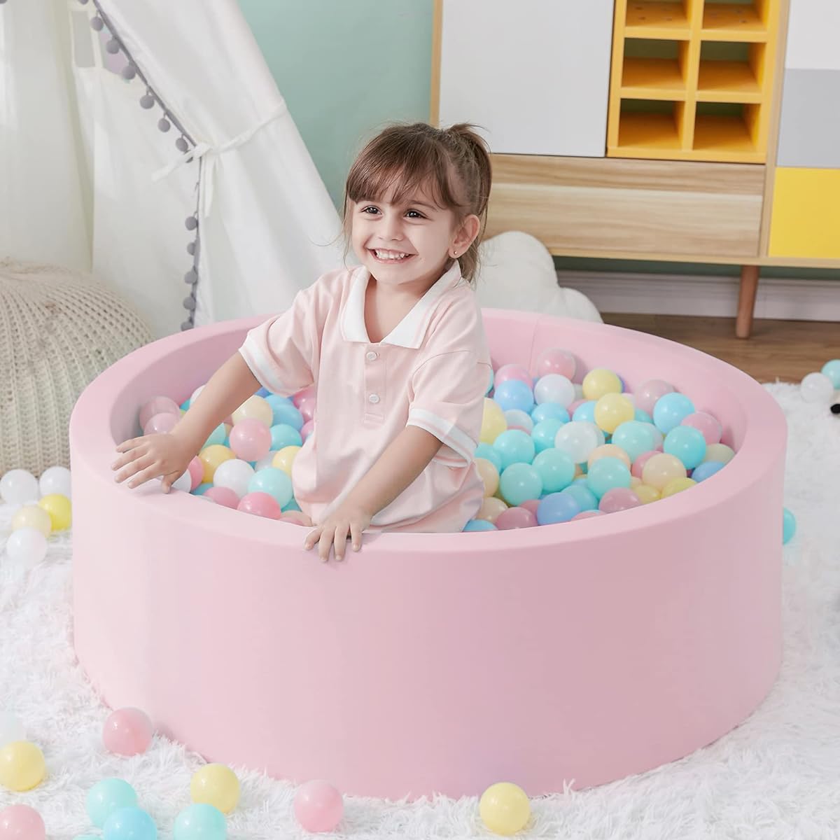 SHJADE Ball Pit 35.4" x 11.8" Memory Foam Kids Ball Pool Indoor Soft Round Playpen Ideal Gift for Toddlers, Balls Not Included (Pink)