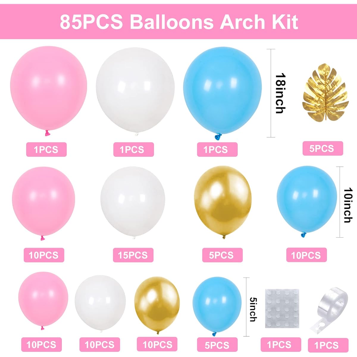 Pink Blue Balloon Arch Kit 85 Pieces Balloon Arch Kit Garland Gender Reveal Balloon Arch with Gold Palm Leaves and White Gold Balloons for Baby Girls Boys Birthday Party Wedding Engagement Decoration