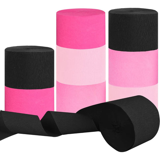 8 Rolls Crepe Paper Streamers, Light Pink, Dark Pink, Black, Party Streamers for Minnie Mouse Theme Baby Shower Birthday Nursery Party Decorations DIY Art Project Supplies