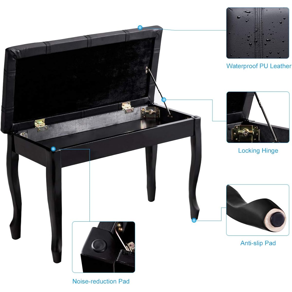 GOFLAME Piano Bench Stool with Padded Cushion and Music Storage, Heavy Duty Piano Duet Seat with PU Leather Padded Seat and Solid Wooden Legs, Perfect for Home Use (Black)