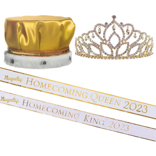 Anderson's White/Gold Homecoming King/Queen Coronation Set Foil Edge Sash Crown Tiara Rosette Pin