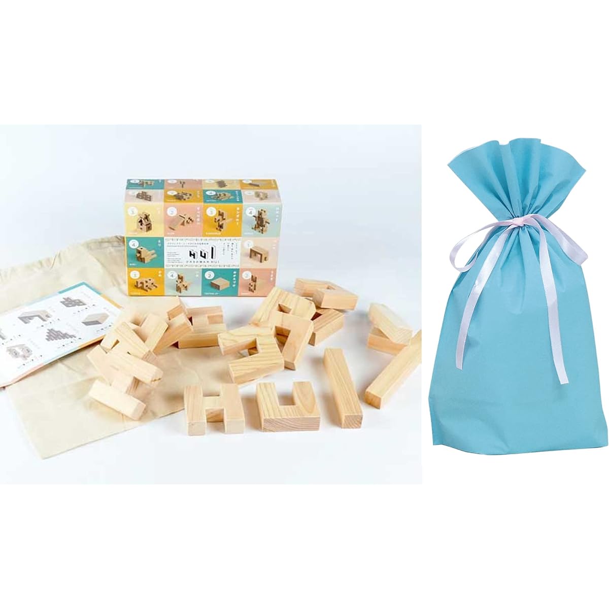 HUI Hinoki Building Blocks, Educational Toy, Unpainted, Wooden Toy, Christmas Present, Gift, Made in Japan (Gift Bag Included, Blue)