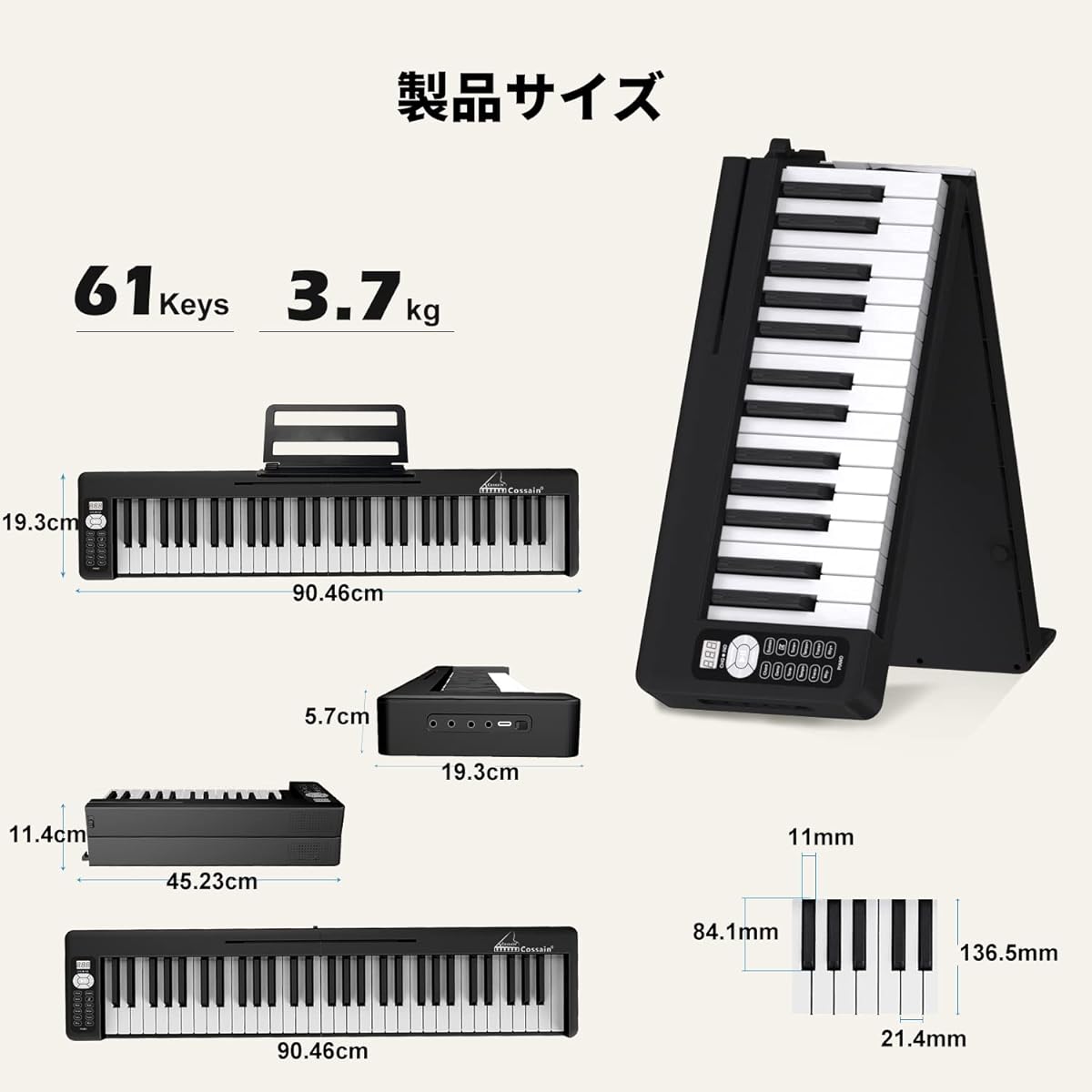 Electronic Piano, 61 Keys, Foldable Portable, Semi-Weight Keyboard, 128 Tones, 128 Rhythms, Dual Bluetooth Function, MIDI Compatible, Built-in Battery, Pedal Included, Headphones Included, Bag Included (Compact, Black-Light Key)