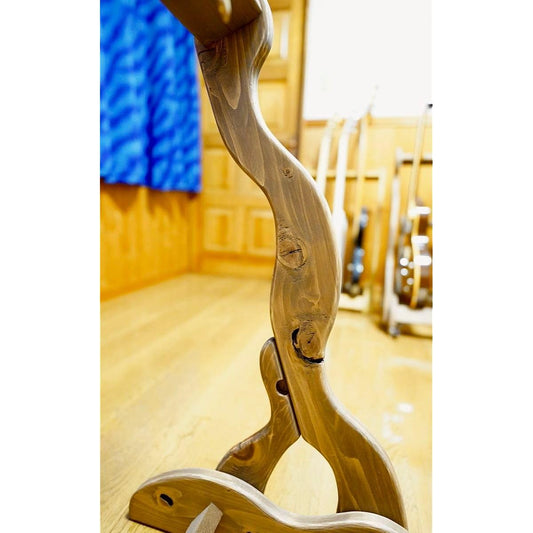 Wooden guitar stand (with protective finish) with genuine leather belt to prevent tipping over
